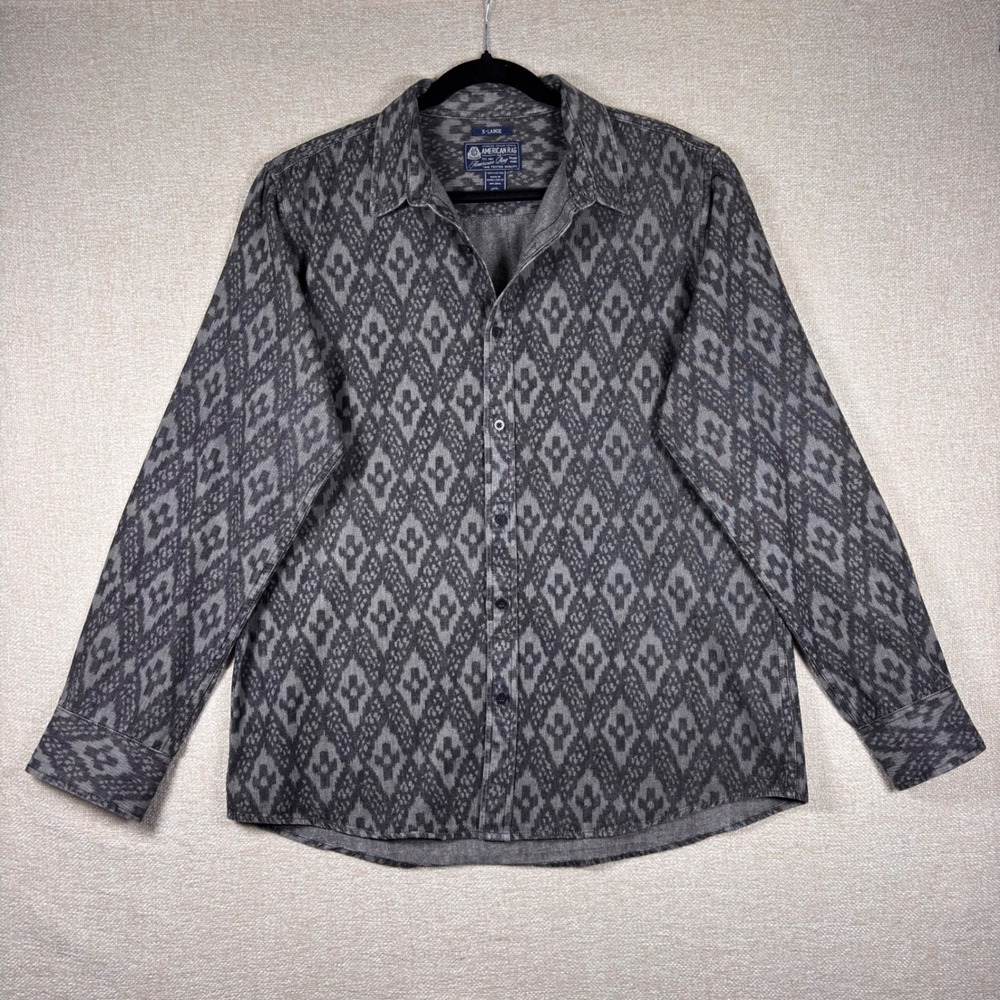 American Rag Mens XL Gray Black Aztec Southwest Heavy Long Sleeve Button Down‎